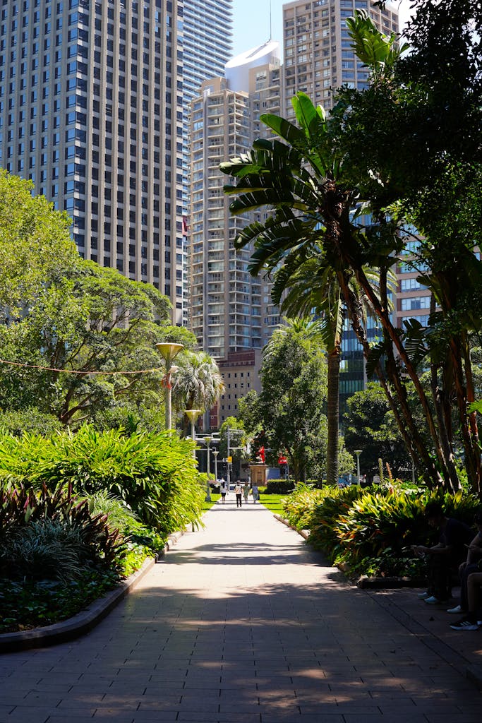 A lush urban park path surrounded by skyscrapers under clear blue skies.
