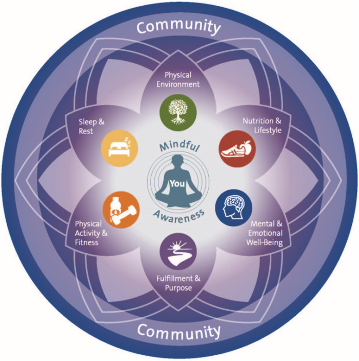 Illustration of a holistic wellness wheel centered around mindful awareness. A person sits meditating in the center labeled “You,” surrounded by six interconnected areas of well-being: physical environment, nutrition and lifestyle, mental and emotional well-being, fulfillment and purpose, physical activity and fitness, and sleep and rest. The circular design is framed by the word “Community” at the top and bottom, emphasizing connection and balance in overall health and wellness.