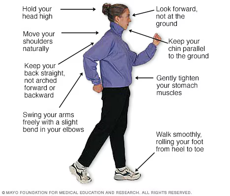 A female walking with various tips to walk safely from the MAYO Foundation.