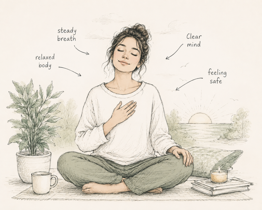 A soft, hand-drawn illustration of a calm person sitting cross-legged with eyes closed and one hand resting on their chest, surrounded by peaceful elements like plants, a candle, books, and a sunrise. Gentle annotations such as "steady breath," "clear mind," "relaxed body," and "feeling safe" symbolize a regulated nervous system, inner calm, and emotional well-being from stress and anxiety