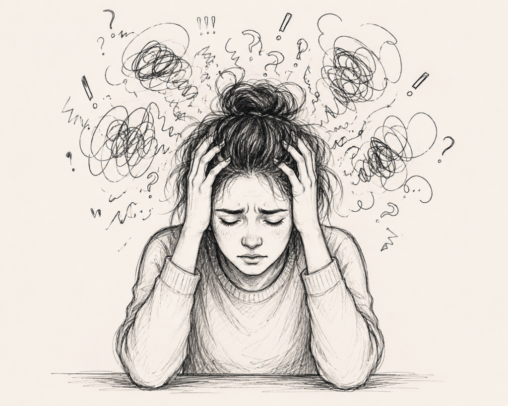 A hand-drawn black-and-white sketch of a person holding their head in distress, surrounded by chaotic scribbles and question marks that symbolize anxiety, stress, and overwhelming thoughts. The individual has a worried expression and appears mentally overwhelmed, illustrating the emotional experience of anxiety and nervous system dysregulation.
